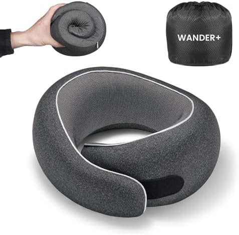 WANDER PLUS® Travel Pillow, 100% Pure Memory Foam Travel Neck Pillow Airplane Neck Support Ergonomic Design Best for Sleeping Plane Car Train Office Flight for Adults Black