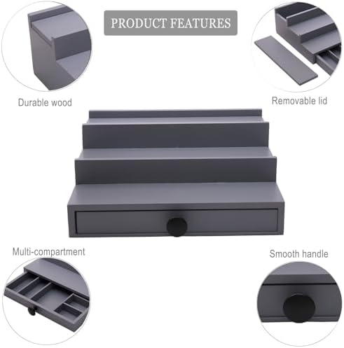 3 Tier Men's Cologne Organizer, Gray Wooden Display Stand with Drawer | Tiered Cologne Shelf and Rack, Hidden Accessory Storage, Multi-compartment, Dresser Fragrance Display, Gift for Men - Image 4