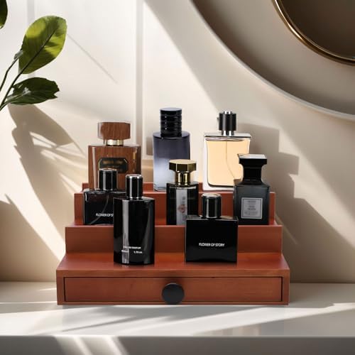 3 Tier Men's Cologne Organizer, Brown Wood Perfume Display Stand w/ Drawer | Tiered Cologne Shelf Rack, Classic Perfume Holder, Hidden Accessory Storage, Dresser Fragrance Display, Gift for Men - Image 2