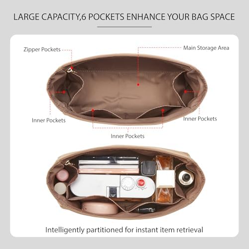 Soft Nylon Kelly 32 Bag Insert, Lightweight Luxury Purse Organizer Insert for Hermes Kelly 32 with Multiple Pockets, Premium Smooth Zipper Inner Liner for Women's Handbags (KL32, Etoupe Grey) - Image 3