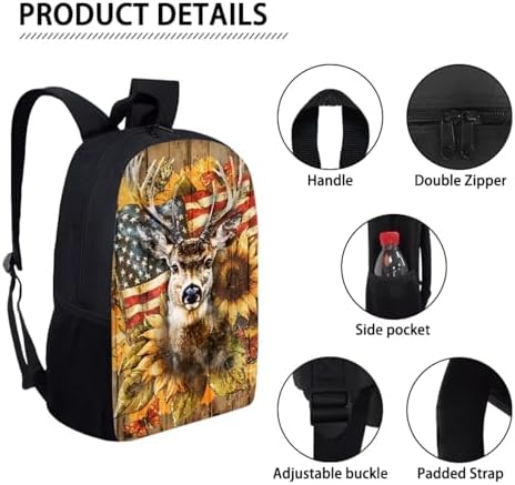 Schoolbag Set for Boys Girls Back to School, Large Capacity Children's Backpack Set with Lunch Bag, Knapsack Set for Elementary School Students, Deer American Flag Wood Grain - Image 3