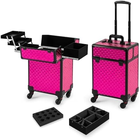 Arous Rolling Train Makeup Case Cosmetology Case on Wheels, Rose Red | Cosmetic Travel Trolley 4 Tray with Sliding Rail Removable Middle Layer with Key Salon Barber Case Traveling Cart Trunk by Unknown