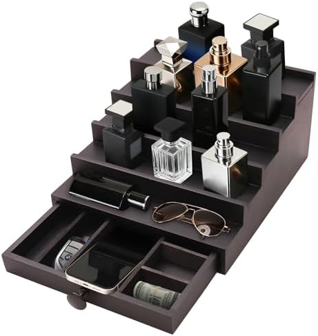 5 Tier Men's Cologne Organizer, Black Wood Display Stand Holder with Drawer | Tiered Cologne Shelf and Rack, large capacity, Multi-compartment, Hidden Storage, Fragrance Display for dresser, Gift for Men - Image 3