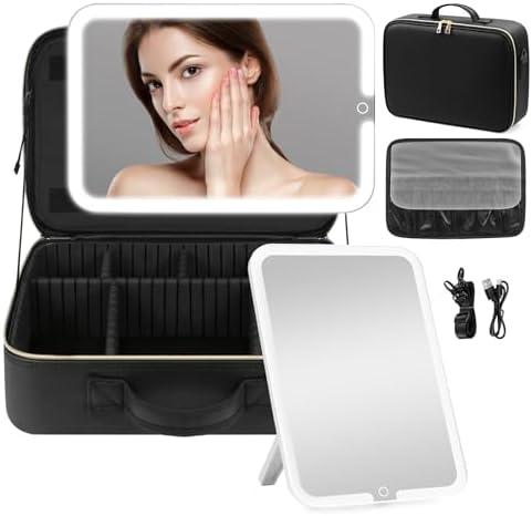 15''X11'' Makeup Bag with Removeable Lighted Mirror, Travel Makeup Case with 3 Color Lights Dimmable Brightness, Large Capacity Cosmetic Organizer Case with Detachable Dividers & Shoulder Strap by JJhxr