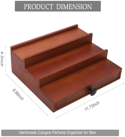 3 Tier Men's Cologne Organizer, Brown Wood Perfume Display Stand w/ Drawer | Tiered Cologne Shelf Rack, Classic Perfume Holder, Hidden Accessory Storage, Dresser Fragrance Display, Gift for Men - Image 5