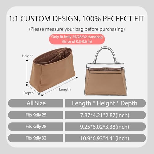 Soft Nylon Kelly 25 Bag Insert, Lightweight Luxury Purse Organizer Insert for Hermes Kelly 25 with Multiple Pockets, Premium Smooth Zipper Inner Liner for Women's Handbags (KL25, Etoupe Grey) - Image 2