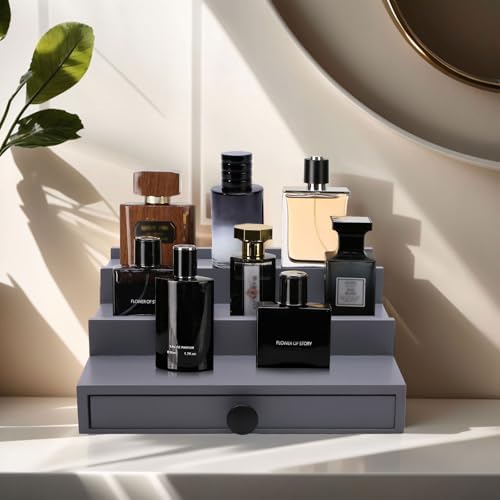 3 Tier Men's Cologne Organizer, Gray Wooden Display Stand with Drawer | Tiered Cologne Shelf and Rack, Hidden Accessory Storage, Multi-compartment, Dresser Fragrance Display, Gift for Men - Image 2