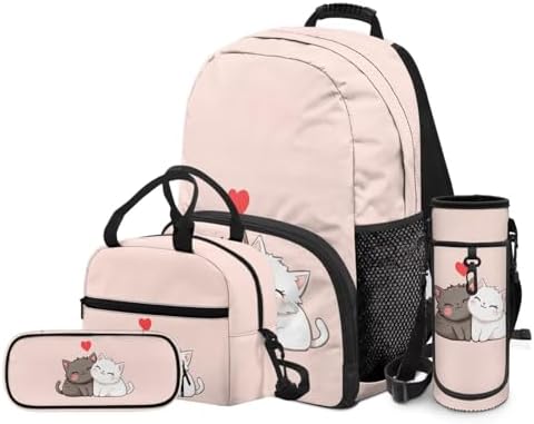 4Pcs Kid's Backpack Set Cute Cartoon Cat Schoolbag with Lunch Bag Pencil Case and Water Bottle Holder for Elementary School Bag Bookbag 17 Inch Daypack Pink - Image 2