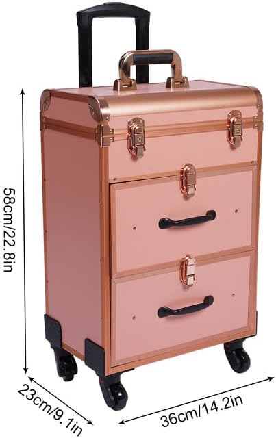 Rolling Makeup Case Cosmetic Train Cases Large Cosmetic Trolley with Locks Cosmetic Storage Organizer Travel Case Salon Barber Case for Makeup Artist Tattooist Nail Tech Hairstylists (Type D, Gold) - Image 3
