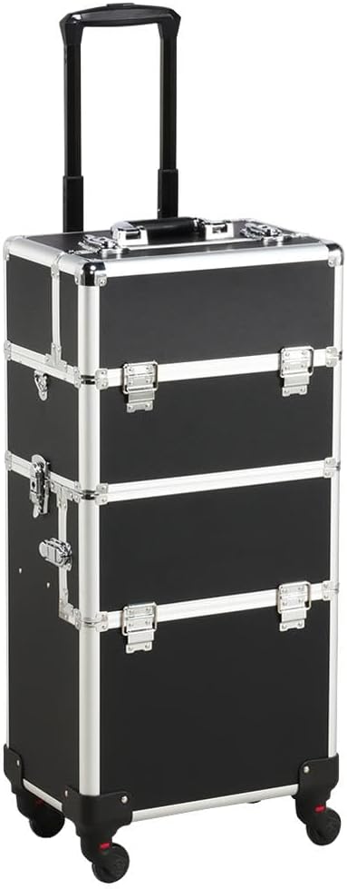 Yaheetech Rolling Makeup Train Case, Cosmetology Nail Organizer, Black | Aluminum frame and PVC shell hold a full 66 lb kit; movable dividers organize every tool, and it splits to travel on wheels by Yaheetech