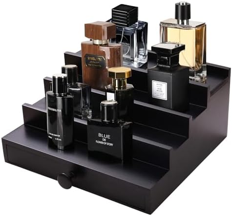 4 Tier Men's Cologne Organizer, Black Wooden Display Stand with Drawer | Tiered Cologne Shelf and Rack, Hidden Accessory Storage, Dresser Fragrance Display, Birthday or Christmas Gift for Men by FENGLIGOO