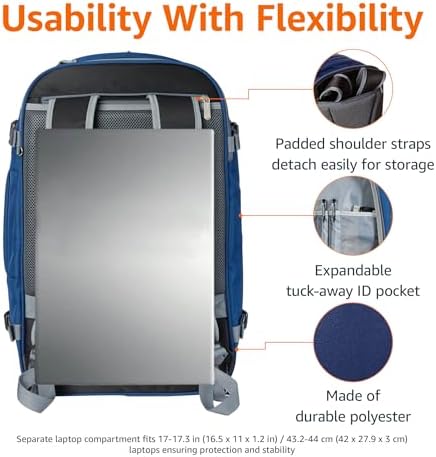 Amazon Basics Travel Backpack, Carry-On with Laptop Compartment, 1.55 cubic Expandable Storage, Dual Use Backpack & Shoulder Bag with Multiple Compartments and Pockets, 13.8'' x 9.5'' x 21.5'', Navy - Image 2
