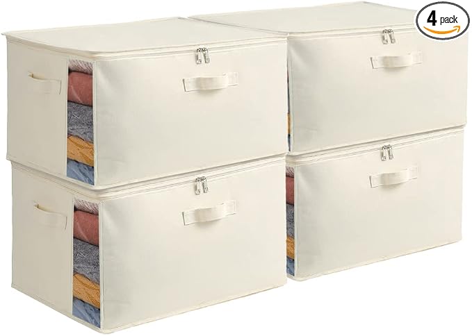 4 Pack Large Canvas Comforter Storage Bags Closet Organizer for Clothes Sweater Clothes Organizer with Dual Zipper Three Carrying Handles for Blanket Closet Storage Container by Vailando