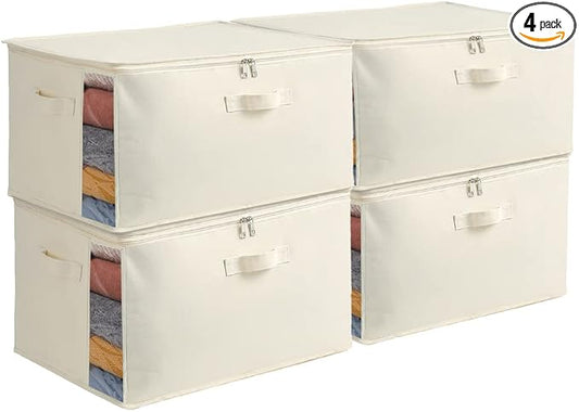 4 Pack Large Canvas Comforter Storage Bags Closet Organizer for Clothes Sweater Clothes Organizer with Dual Zipper Three Carrying Handles for Blanket Closet Storage Container by Vailando