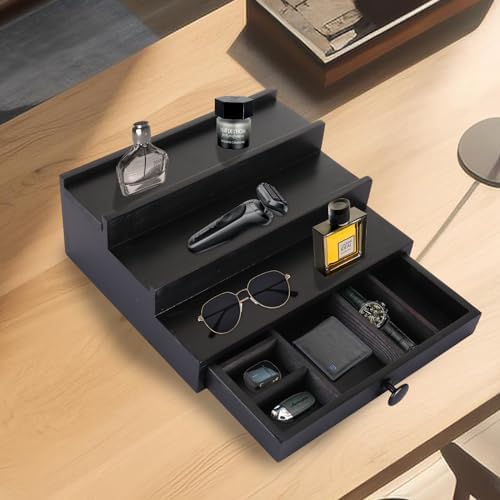 3 Tier Men's Cologne Organizer, Black Wooden Display Stand with Drawer - Image 5