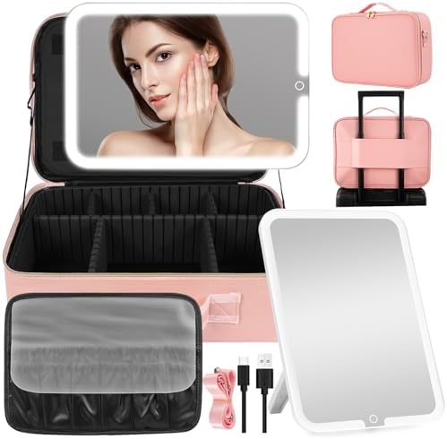 15''X11'' Makeup Bag with Removeable Lighted Mirror, Travel Makeup Case with 3 Color Lights Dimmable Brightness, Large Capacity Cosmetic Organizer Case with Detachable Dividers & Shoulder Strap by JJhxr