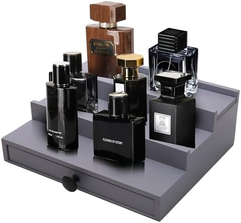 3 Tier Men's Cologne Organizer, Gray Wooden Display Stand with Drawer | Tiered Cologne Shelf and Rack, Hidden Accessory Storage, Multi-compartment, Dresser Fragrance Display, Gift for Men by FENGLIGOO