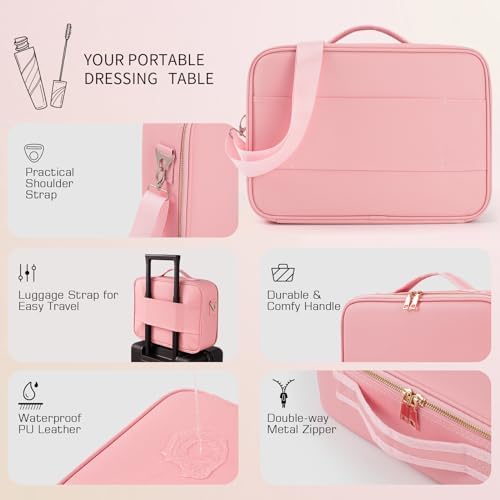 15''X11'' Large Capacity Makeup Bag with LED Mirror, Professional Makeup Case Organizer with 3 Color Light Adjustable Brightness, Travel Make up Cosmetic Case with Detachable Dividers & Shoulder Strap - Image 4