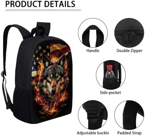 Wolf Printed Kid's Backpack 3Pcs Set - American Flag Wolf Printed School Book Bag for Boys Girls Teens With Lunch Box Pencil Case 3 in 1 - Image 7
