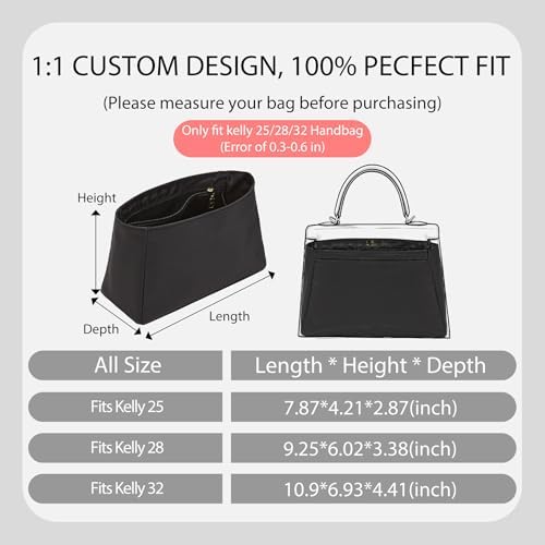 Soft Nylon Kelly 25 Bag Insert, Lightweight Luxury Purse Organizer Insert for Hermes Kelly 25 with Multiple Pockets, Premium Smooth Zipper Inner Liner for Women's Handbags (KL25, Black) - Image 2