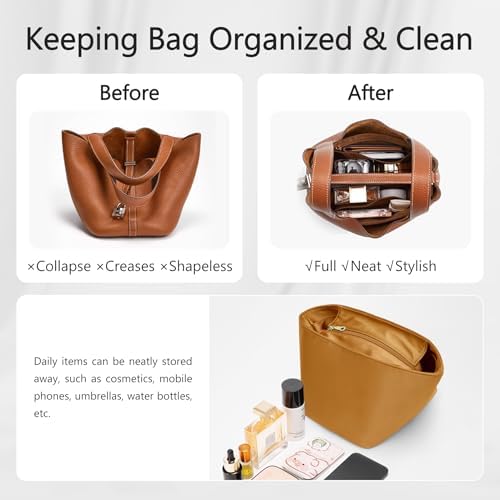 Picotin 22 Bag Insert - Satin Fabric Picotin 22Bags Purse Organizer Insert with Zipper - Soft & Smooth Touch - Fits Hermes Women's Luxury Handbags Inner Liner(PC22/Brown) - Image 4