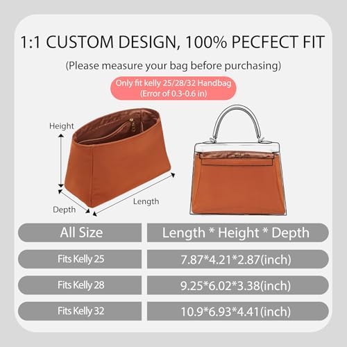 Soft Nylon Kelly 25 Bag Insert, Lightweight Luxury Purse Organizer Insert for Hermes Kelly 25 with Multiple Pockets, Premium Smooth Zipper Inner Liner for Women's Handbags (KL25, Gold) - Image 2