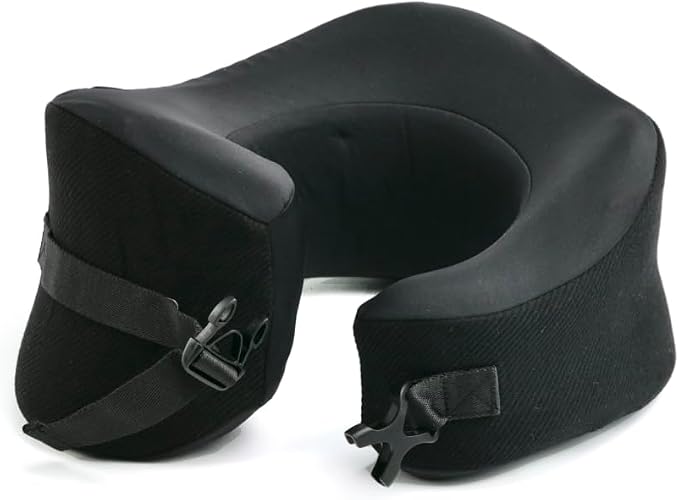 C CUSHION LAB Extra Support Travel Pillow, Award-Winning Patented Ergonomic Design for Chin & Neck Support Memory Foam Neck Pillow, Compact Airplane Pillow for Traveling, Flight, Car (Black, Large) by CUSHIONLAB