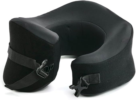 C CUSHION LAB Extra Support Travel Pillow, Award-Winning Patented Ergonomic Design for Chin & Neck Support Memory Foam Neck Pillow, Compact Airplane Pillow for Traveling, Flight, Car (Black, Large) by CUSHIONLAB