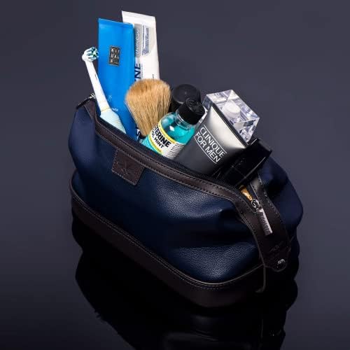 Vetell Leo Large Leather Men's Travel Toiletry and Shaving Case Bag with Upper and Lower Zippered Compartments, 3 Interior Loops and Carrying Handles - Image 4