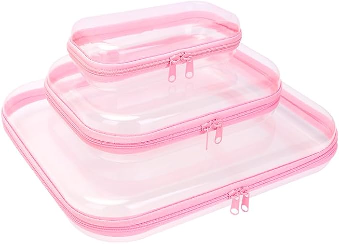 3PCS Clear Hard Shell Zipper Case 13.8 * 11.8 * 2 IN (Pink) | Transparent shell for easy item access. Works as cosmetic bag, toy pouch, diaper organizer and pencil case. by Calantre