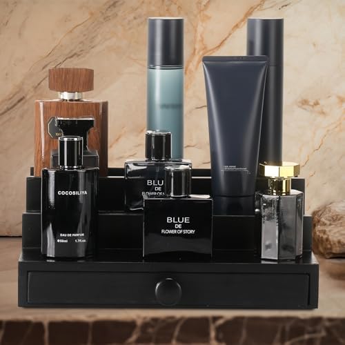 3 Tier Men's Cologne Organizer, Black Wooden Display Stand with Drawer - Image 3
