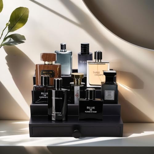 4 Tier Men's Cologne Organizer, Black Wooden Display Stand with Drawer | Tiered Cologne Shelf and Rack, Hidden Accessory Storage, Dresser Fragrance Display, Birthday or Christmas Gift for Men - Image 2