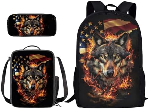 Wolf Printed Kid's Backpack 3Pcs Set - American Flag Wolf Printed School Book Bag for Boys Girls Teens With Lunch Box Pencil Case 3 in 1 by PCSJRKG