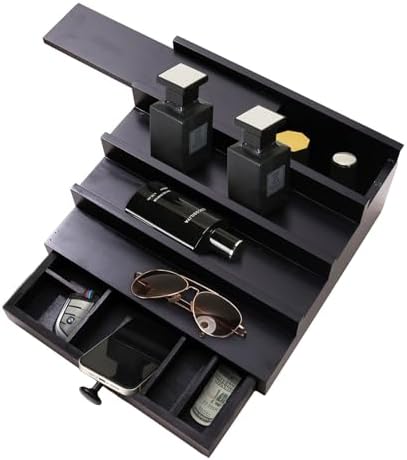 4 Tier Men's Cologne Organizer, Black Wooden Display Stand with Drawer | Tiered Cologne Shelf and Rack, Hidden Accessory Storage, Dresser Fragrance Display, Birthday or Christmas Gift for Men - Image 4