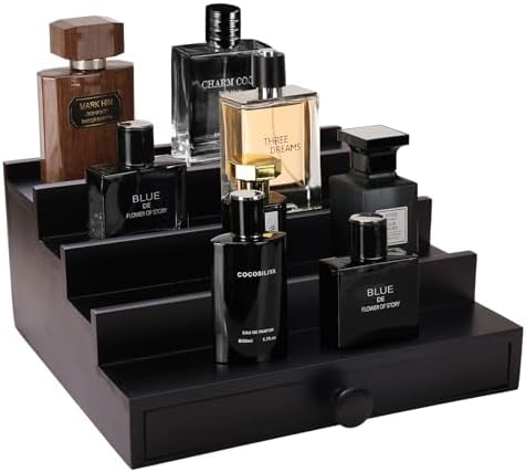 4 Tier Men's Cologne Organizer, Black Wooden Display Stand with Drawer | Tiered Cologne Shelf and Rack, Hidden Accessory Storage, Dresser Fragrance Display, Birthday or Christmas Gift for Men - Image 3