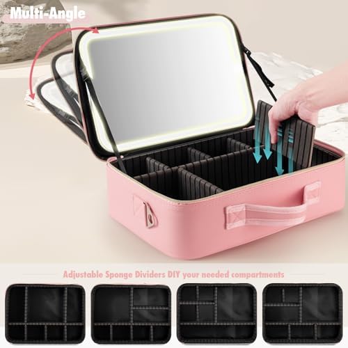 15''X11'' Makeup Bag with Removeable Lighted Mirror, Travel Makeup Case with 3 Color Lights Dimmable Brightness, Large Capacity Cosmetic Organizer Case with Detachable Dividers & Shoulder Strap - Image 4