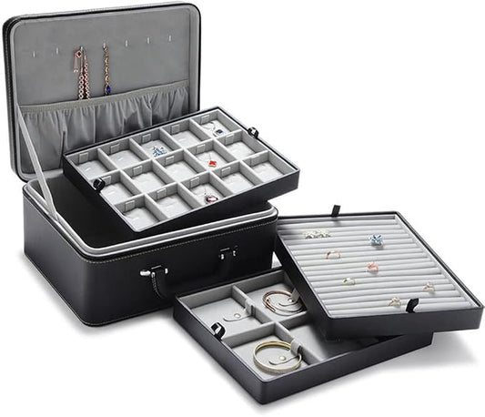 Jewelry Box Carriable Large Commercial Organizer Faux-Leather Accessory Case Storage with Handle Zipper Trays for Women Men Jeweler(L3-BK) by JewelryStorage
