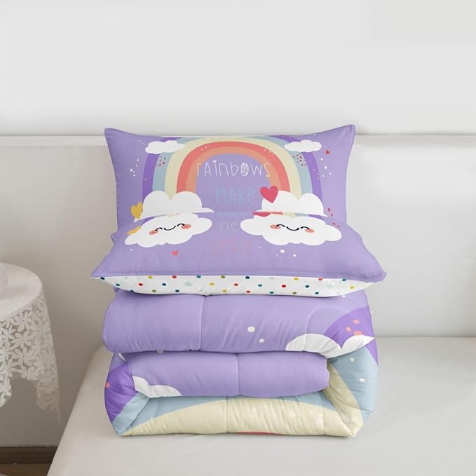 Erosebridal Rainbow Comforter Set for Kids, Cartoon Cloud Down Comforter Full Size Kawaii Rainbow Bedding Set for Girls Boys Teens Women, Cute Love Heart Duvet Sets for Bedroom Decor, Purple - Image 7