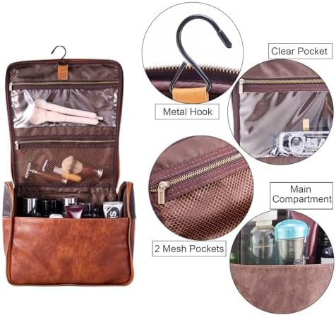 EURYNOME Hanging Toiletry Bag for Women and Men, Large PU Leather Toiletries Organizer, Water-resistant Bathroom Shaving Kit for Cosmetics, Makeup Case - Image 3