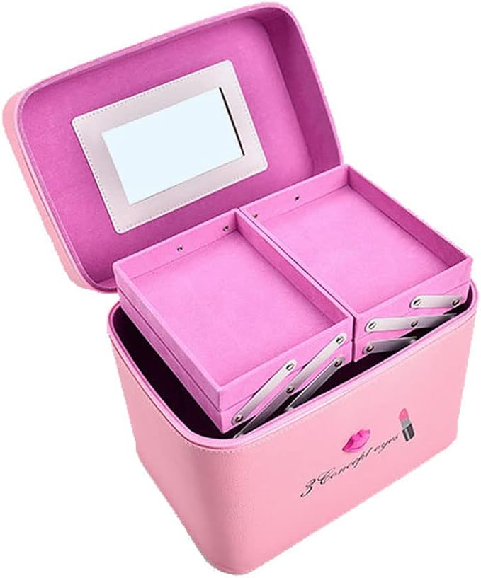 Pu Leather Makeup Storage Box With Mirror | 4 Layer Travel Vanity Bag | Multi Compartment Cosmetic Bag Display Organizer For Lipstick Nailpolish | Make-Up Brushes Holder(Pink) 18 Cms - Image 3