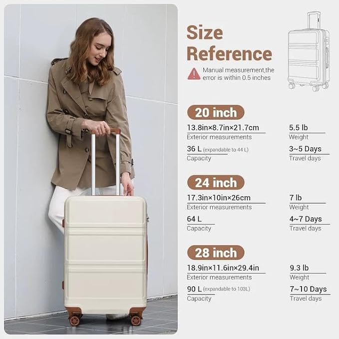 Kono 24 Inch Luggage Suitcase with Spinner Wheels TSA Lock | Lightweight PC+ABS Hardside Medium Checked Luggage Durable Rolling Suitcase Cream White - Image 6