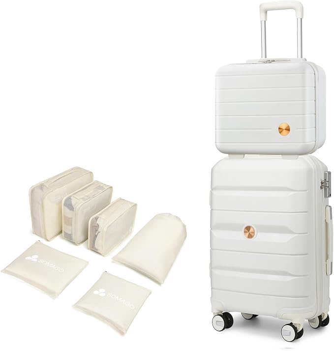 Somago 20 Inch Carry On Luggage Sets Hardside Suitcase with Double Spinner Wheels and TSA Lock YKK Zipper (Creamy White,14/20) by SOMAGO