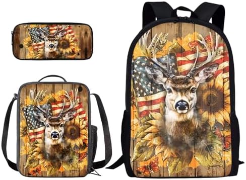Schoolbag Set for Boys Girls Back to School, Large Capacity Children's Backpack Set with Lunch Bag, Knapsack Set for Elementary School Students, Deer American Flag Wood Grain by PCSJRKG