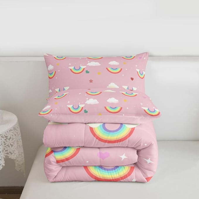 Erosebridal Rainbow Down Comforter Twin Size, Sparkly Galaxy Comforter Set for Kids Girls Boys Children Teens Women, Starry Sky Cloud Quilted Duvet Iridescent Stripes Bedding Set All-Season, Pink - Image 7