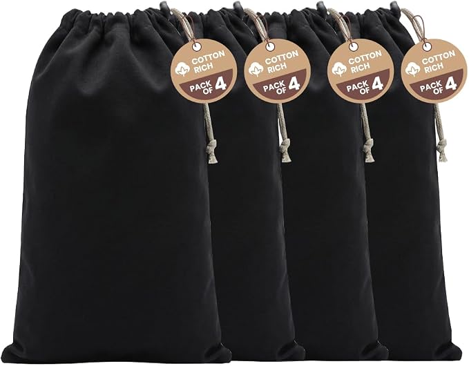 LFH Cotton Rich Shoe Storage Bags with Drawstring, Dustproof Breathable Reusable Organizer, Perfect For Travel, Dorm, Hotel, College, Gym, Machine Washable 8"x17" (Pack of 4) - Black sand by LFHHomePrivateLimited