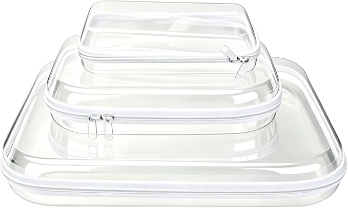 RAINPOT Clear Hard Shell Zipper Case Set – Stackable Multi-Size Organizer Bags for Travel, Toiletries, Cosmetics, Toys & Electronics – Durable Water-Resistant PET Storage Pouches (3PC - S+M+L) by Unknown