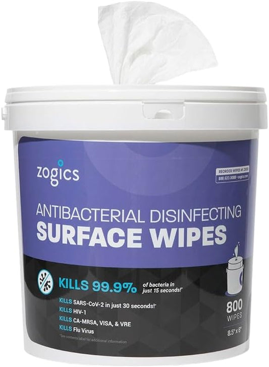 Zogics Antibacterial Wipes, EPA Registered Surface and Gym Equipment Disinfecting Wipes (800 Wipes) + Reusable Wipe Bucket Dispenser