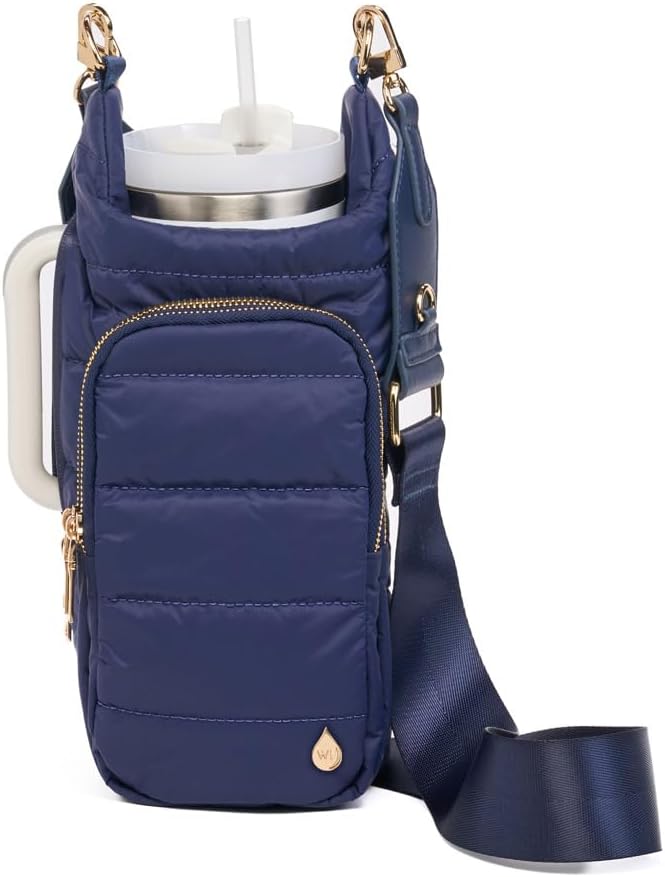 WanderFull Original HydroBag Handle®, Zipper for Handle, 40 oz Water Bottle Holder w/Strap, Crossbody Carrier Bag w/Phone Pocket, Tumbler Accessories - Navy Matte w/Vegan Leather Trimmed Strap by WanderFull
