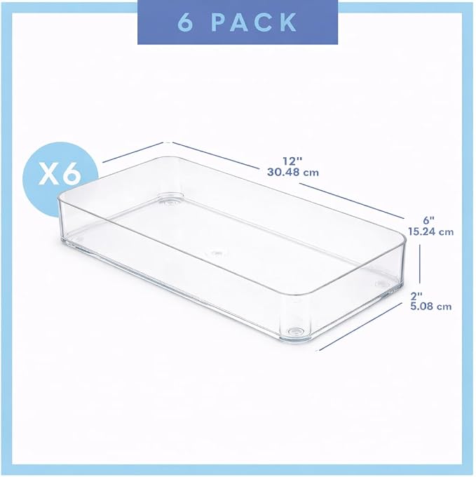 primebox Plastic Clear Acrylic Drawer Organizers. Bathroom, Kitchen, Bedroom, Utensils, Office Organizer Bins, Storage Trays. Heavy Duty, Stackable. 12" x 6" x 2" Set of 6 - Image 2