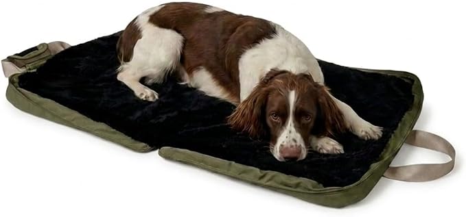 4 Cats & Dogs Gus Travel Bed – Portable Foldable Dog Bed & Pet Cushion Mat with Soft Faux Fur, Water-Resistant Nylon, Zippered Suitcase Design for Camping & Travel- Large (33.5″ x 47.25″), Army by 4CatsDogs